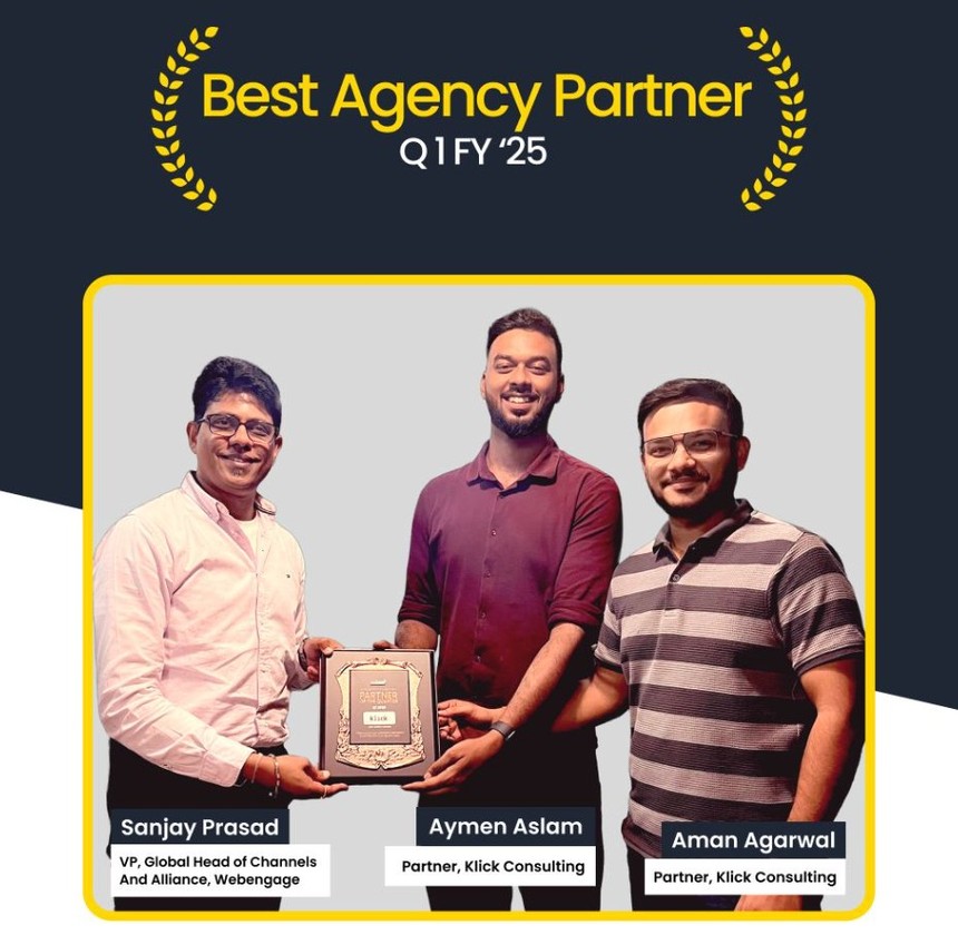 Aymen Aslam and Aman Agrawal receiving the WebEngage Best Agency Partner Q1 FY '25 award